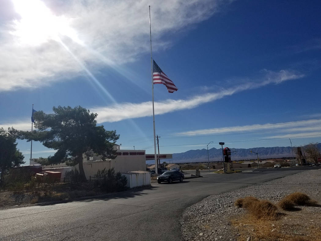David Jacobs/Pahrump Valley Times The sun on Wednesday shines brightly on the American flag, which was at half-staff outside a Terrible Herbst gas station in Pahrump. The flag was at half-staff i ...