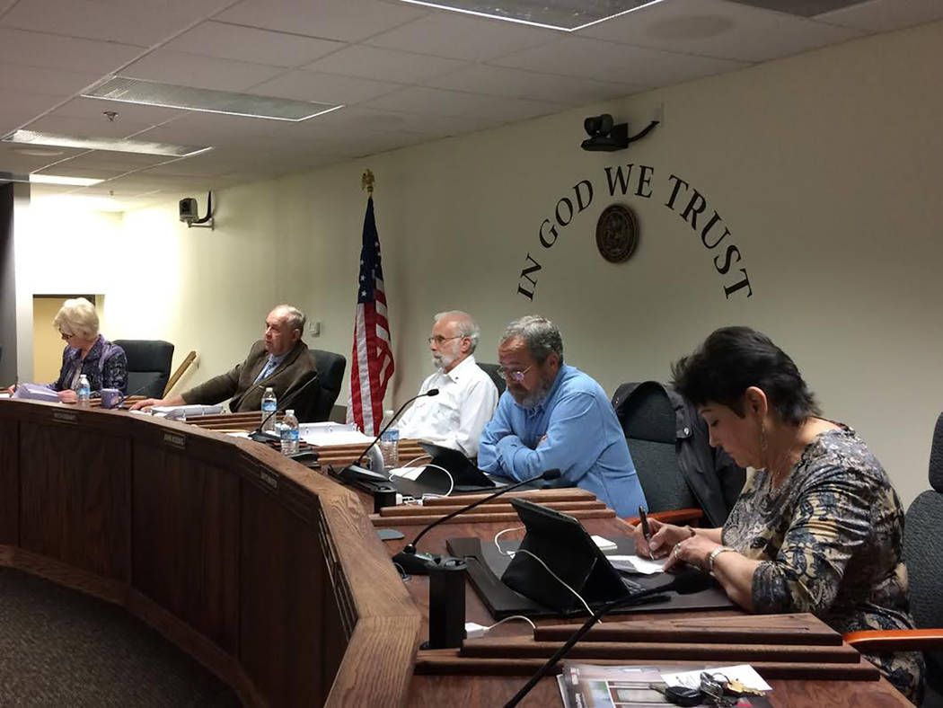 Robin Hebrock/Pahrump Valley Times Shown from left to right are Nye County Commissioners Donna Cox, Dan Schinhofen, John Koenig, Butch Borasky and Lorinda Wichman. The commission is set to make it ...