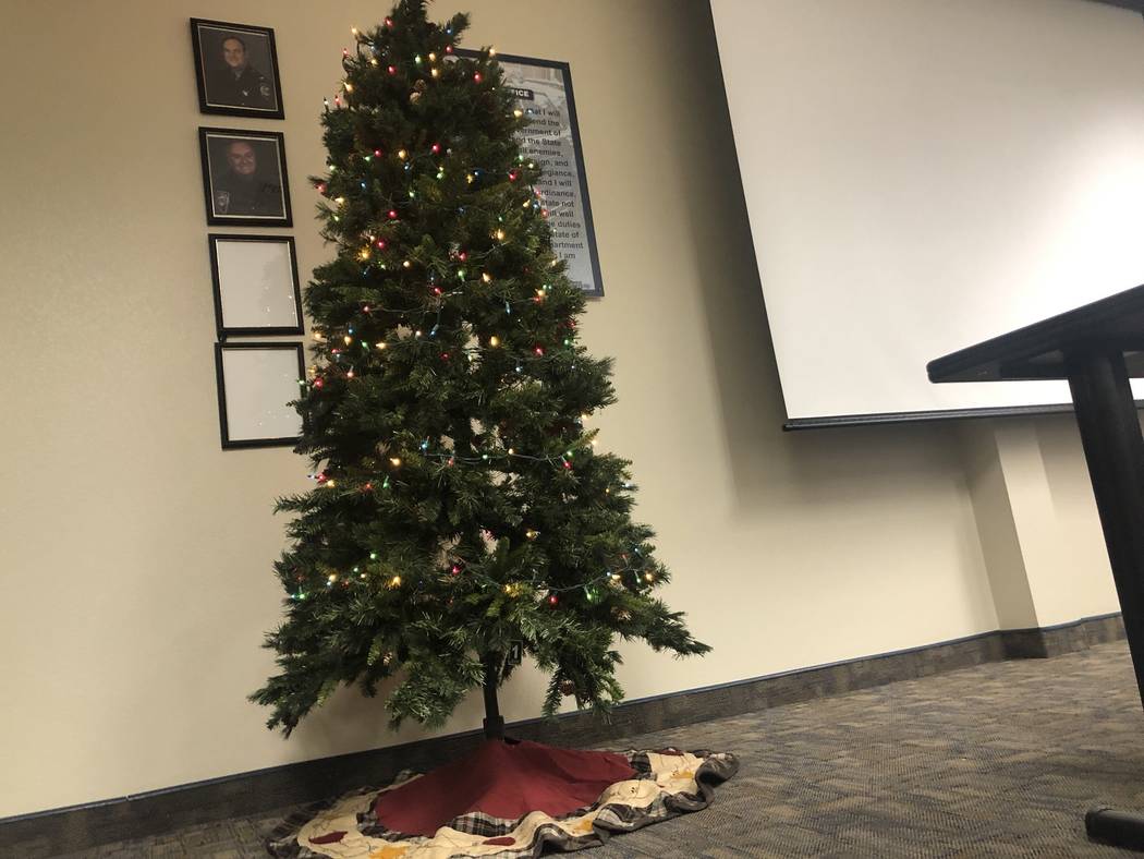The Christmas Life Saving Tree stood in the Nevada Highway Patrol southern command's briefing room late Friday, November 30, 2018. Throughout December, troopers will add an ornament to the tree ev ...