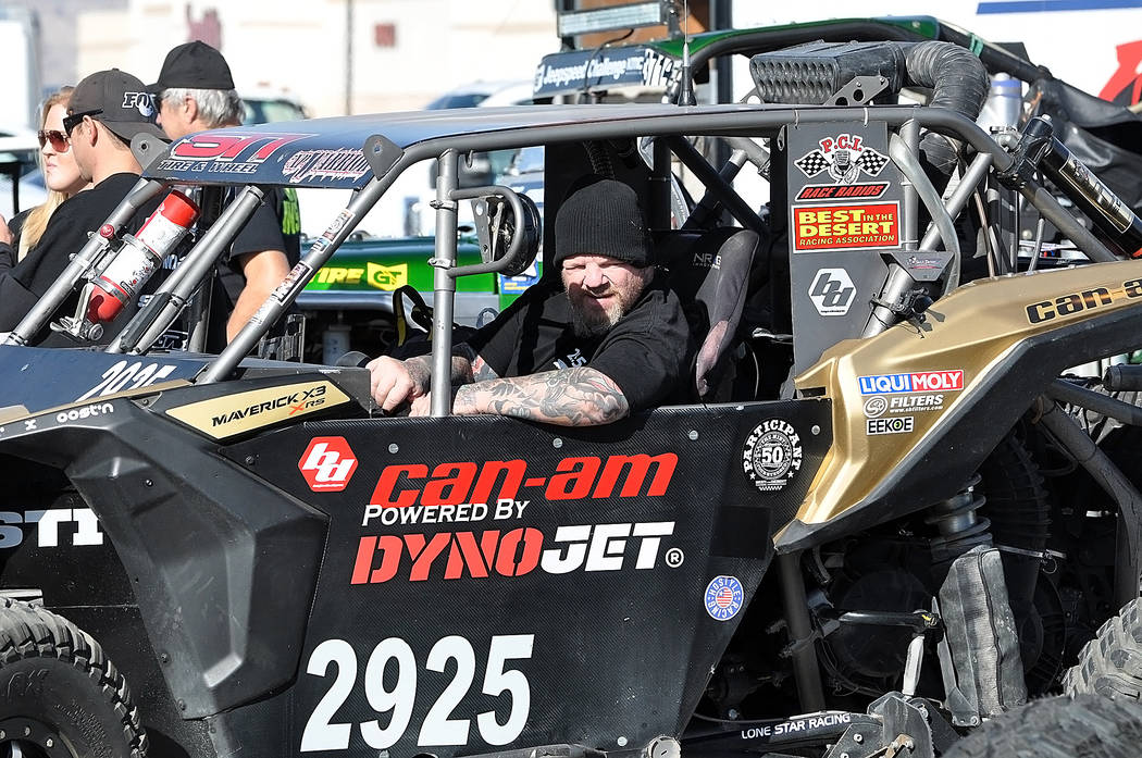 Horace Langford Jr./Pahrump Valley Times Jeremiah Drew of Las Vegas sits in his UTV on Friday in the parking lot of the Pahrump Nugget waiting for his turn for a technical inspection before the Pa ...