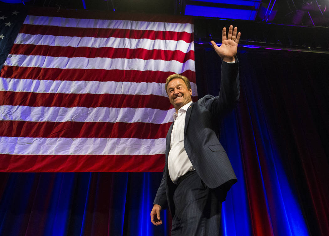 U.S. Sen. Dean Heller, R-Nev., acknowledges his supporters after conceding to challenger U.S. Rep. Jacky Rosen, D-Nev., during the Nevada Republican Party election night watch party at the South P ...