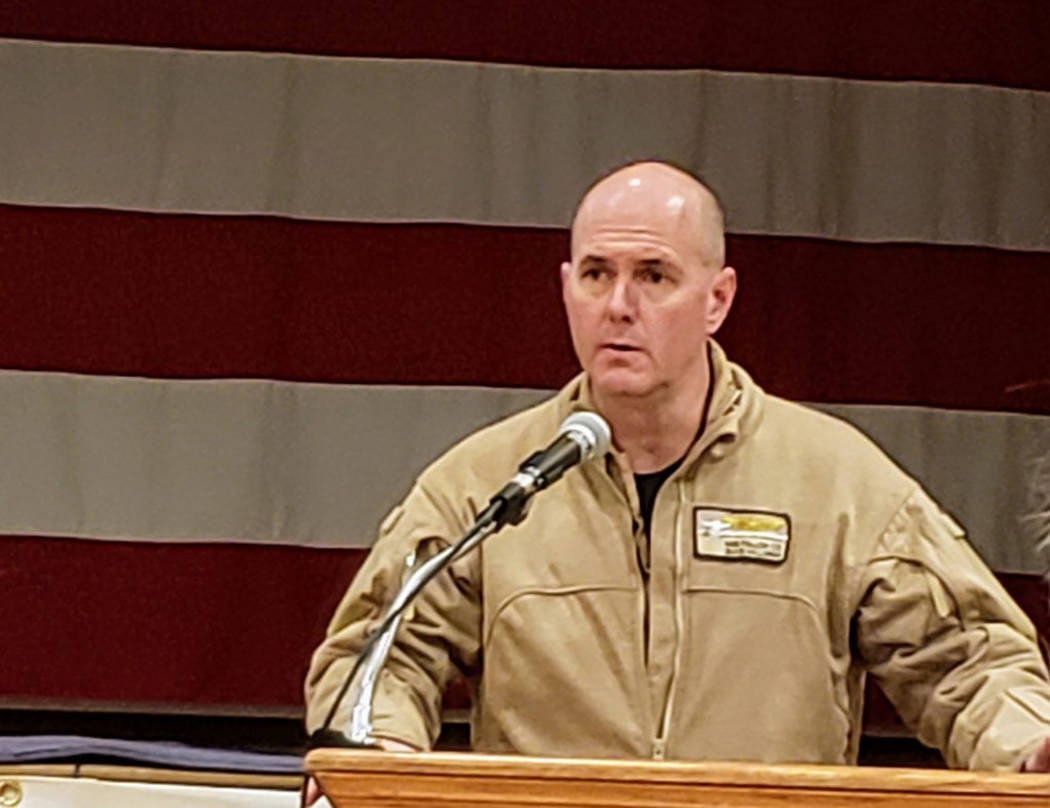 Heidi Bunch/Mineral County Independent-News Capt. David Halloran, Commanding Officer of the Fallon Range, explains the need for training land expansion at a public meeting in Hawthorne on Dec. 10