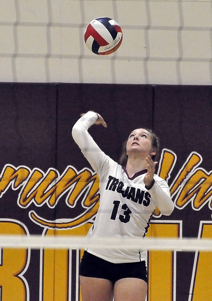 Horace Langford Jr./Pahrump Valley Times Senior Jackie Stobbe unleashes a serve against Moapa Valley during the Trojans' 3-1 loss to the Pirates on Sept. 20 in Pahrump. Stobbe was named honorable ...