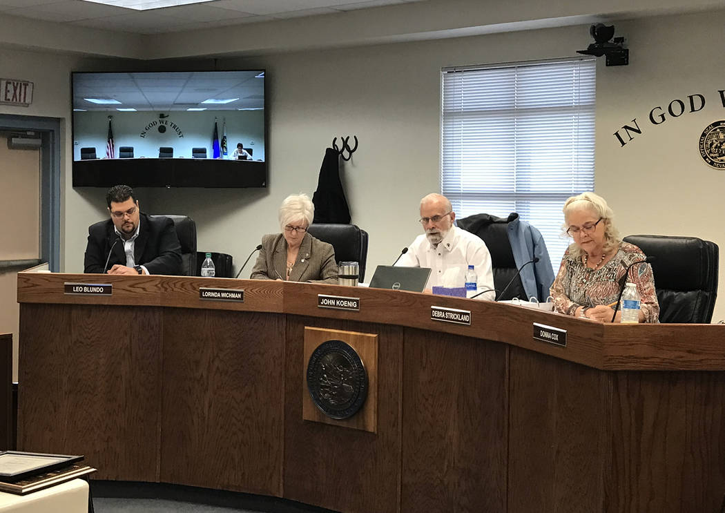 Special to the Pahrump Valley Times Shown from left to right are Nye County Commissioners Leo Blundo, Lorinda Wichman, John Koenig and Debra Strickland, attending the board's first meeting of 2019 ...