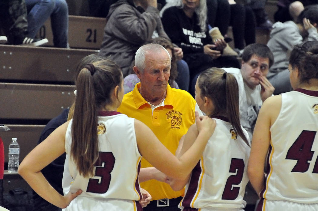 Horace Langford Jr./Pahrump Valley Times Pahrump Valley girls basketball coach Bob Hopkins talks to his players during a recent game. Hopkins' Trojans defeated Chaparral on Tuesday night, 45-39.