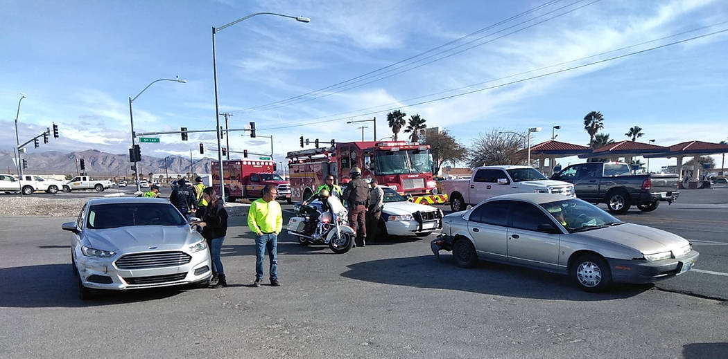 Selwyn Harris/Pahrump Valley Times No injuries were reported following a two vehicle crash at westbound Basin Avenue and Highway 160 just before 1:30 p.m. on Monday Jan. 7. Officials from Nevada H ...