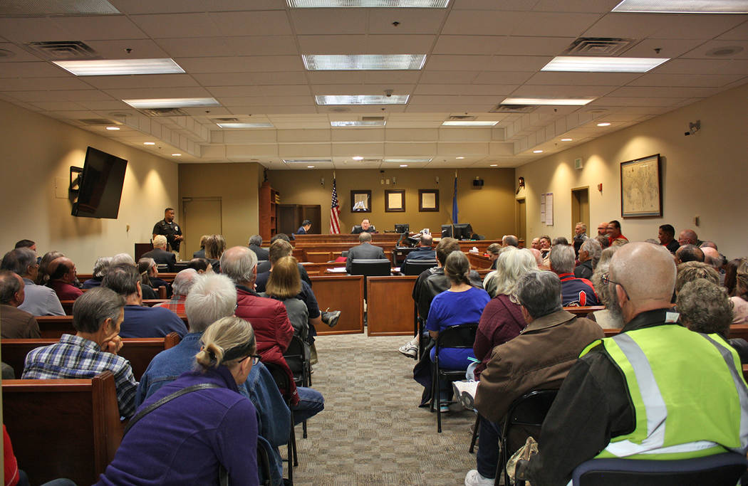Robin Hebrock/Pahrump Valley Times Judge Robert Lane presided over the first hearing in Ed Goedhart's Assembly appointment lawsuit on Jan. 8 and a huge crowd gathered to observe. The room was so f ...