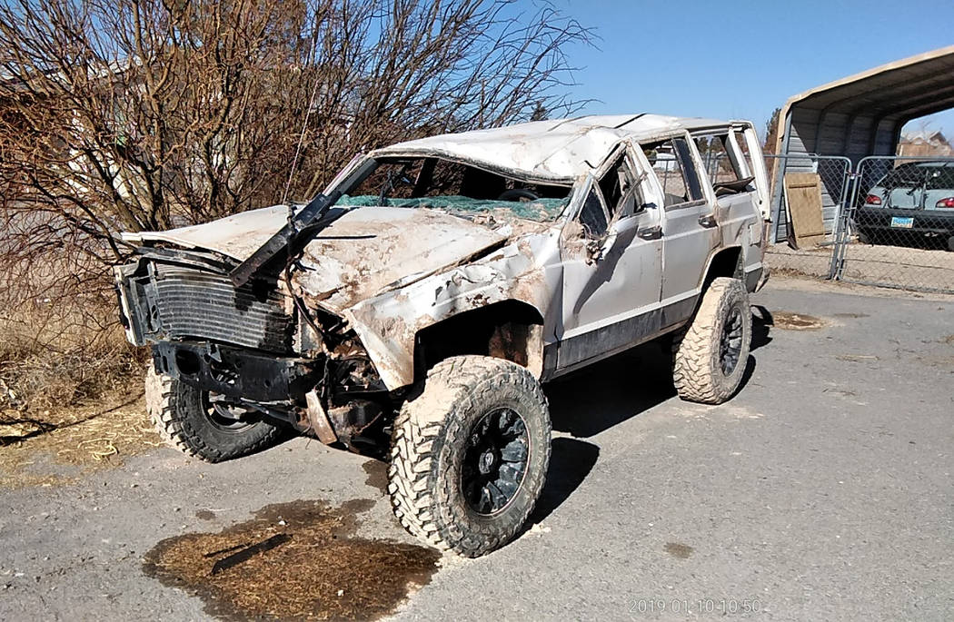 Selwyn Harris/Pahrump Valley Times Early last month, 20 year Pahrump resident Nathaniel Felix experienced a life-changing event after he rolled his 1996 Jeep Cherokee at dry lake bed on the southe ...