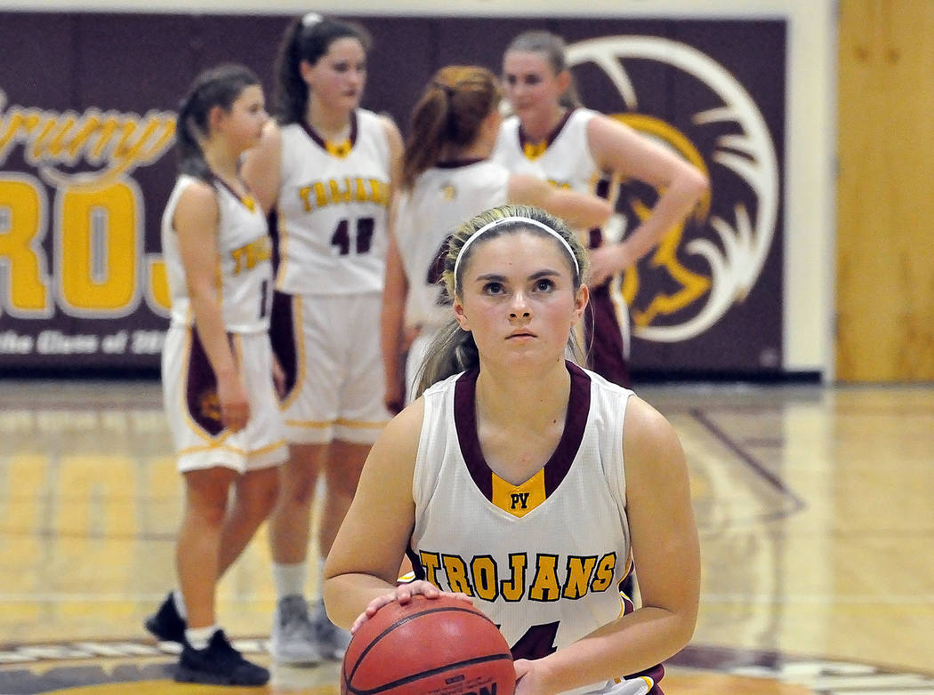 Horace Langford Jr./Pahrump Valley Times Pahrump Valley's Maddie Hansen shoots free throws after a technical foul was called on Mojave's bench during the fourth quarter Tuesday night's game in Pah ...