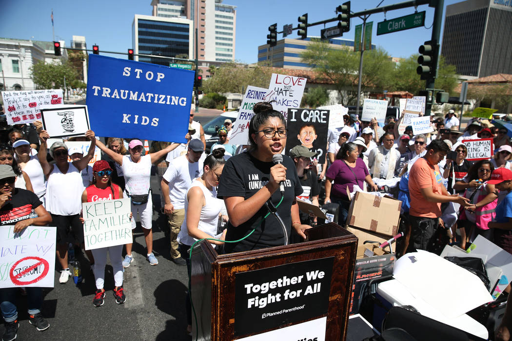 Erik Verduzco/Las Vegas Review-Journal Erika Castro, organizer for the Progressive Leadership Alliance of Nevada, speaks during a rally against the separation of immigrant families outside of the ...