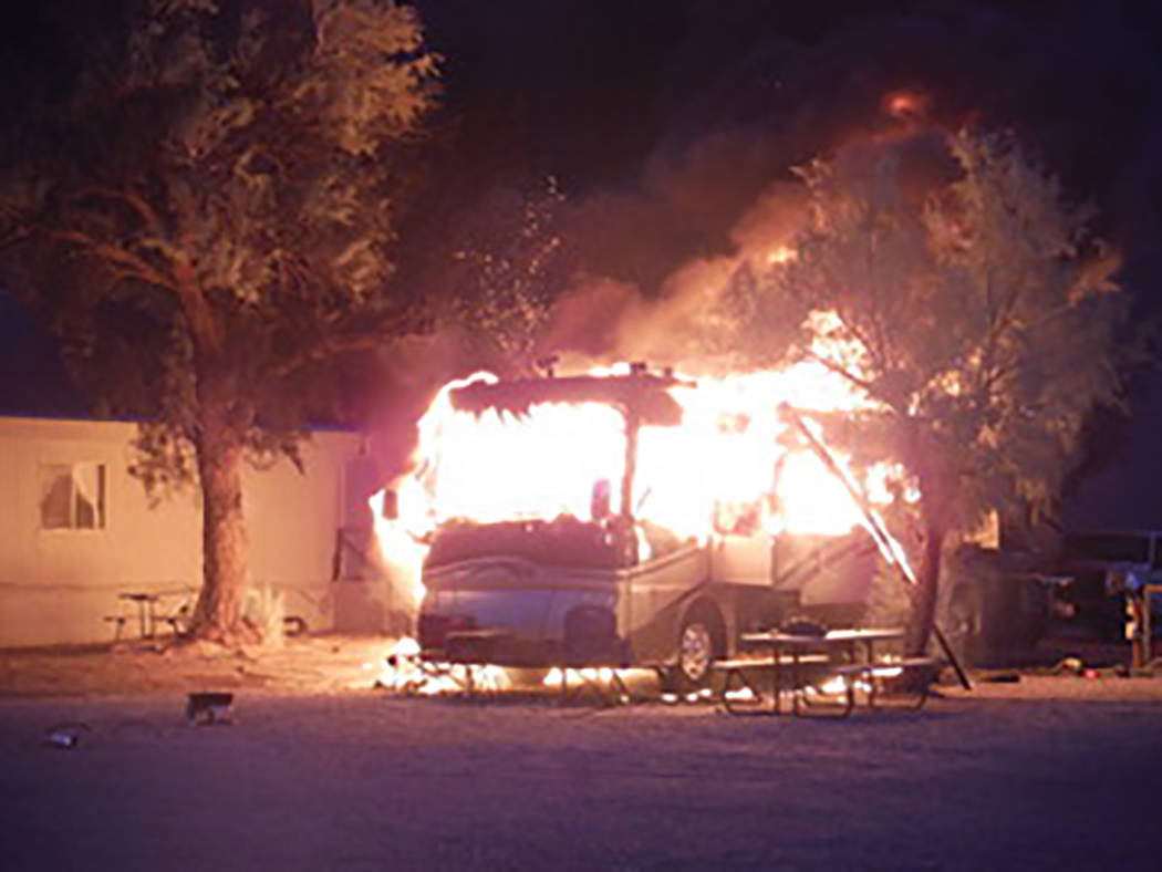 Alison Calkins/Special to the Pahrump Valley Times The explosion of the RV's propane tank shot a July Fourth’s worth of hot, glowing embers into the night sky.