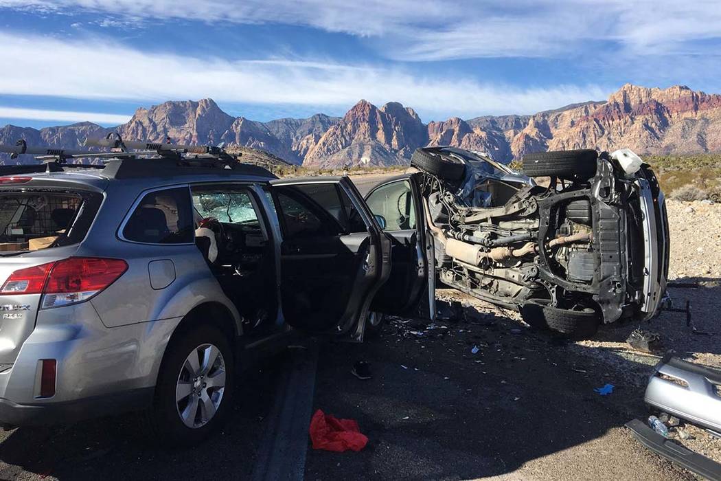 Two people died and another person was critically injured in a two-car crash on Sunday, Jan. 27, 2019, on state Route 159, near the entrance to the Red Rock Canyon National Conservation Area. (Tro ...