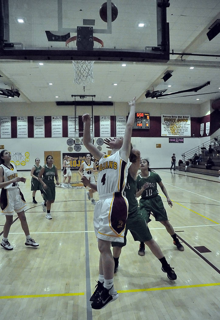 Horace Langford Jr./Pahrump Valley Times Sophomore guard Makayla Gent drives in for a layup Tuesday night for 2 of her 10 points in Pahrump Valley's 47-26 win over Virgin Valley in the Class 3A So ...