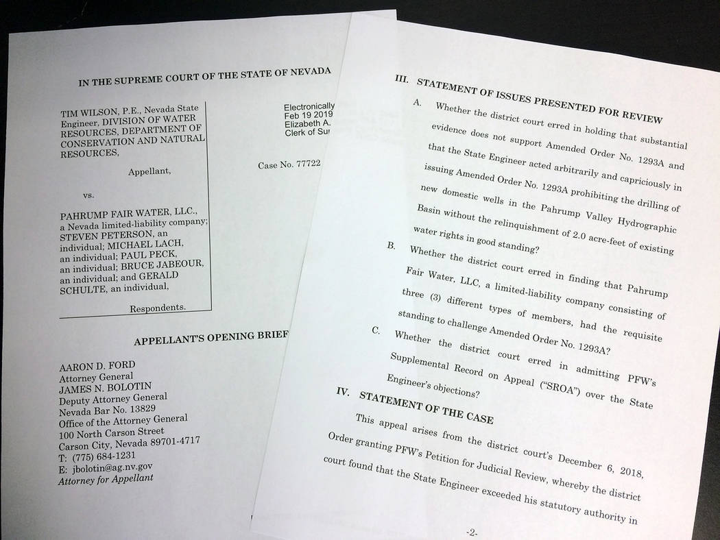 Robin Hebrock/Pahrump Valley Times Pictured are pages from the Nevada State Engineer's opening brief for its appeal in the case of water Order #1293A.