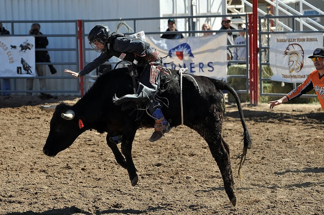 Horace Langford Jr./Pahrump Valley Times Brandon Mountz, 13, competes in bull riding Sunday at McCullough Arena in Pahrump. Mountz is the leading junior high school bull rider in the state.