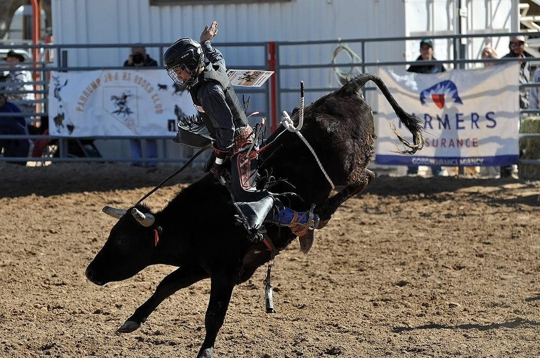 Horace Langford Jr./Pahrump Valley Times Pahrump Valley's Brandon Mountz extended his lead among junior high school bull riders by scoring both Saturday and Sunday at McCullough Arena in Pahrump.