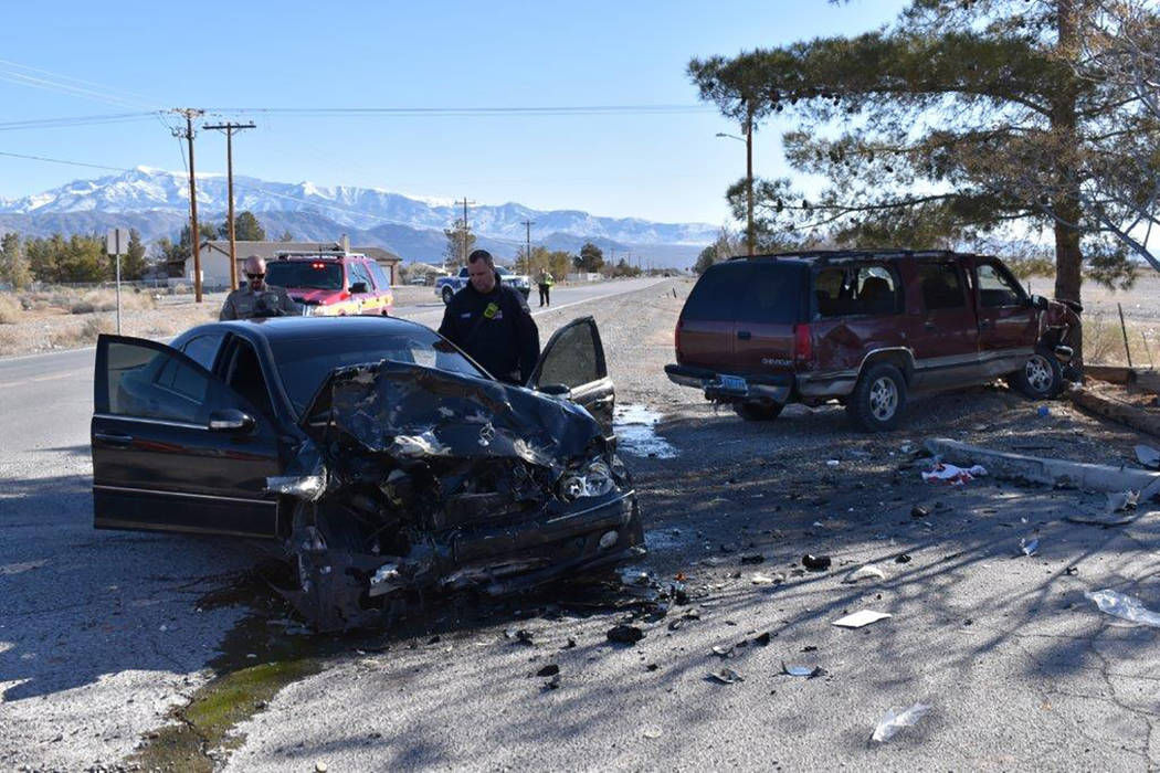 Special to the Pahrump Valley Times Two people were transported via Mercy Air to UMC Trauma in Las Vegas, following a head on collision at the intersection of Gamebird Road and Pahrump Valley Blvd ...