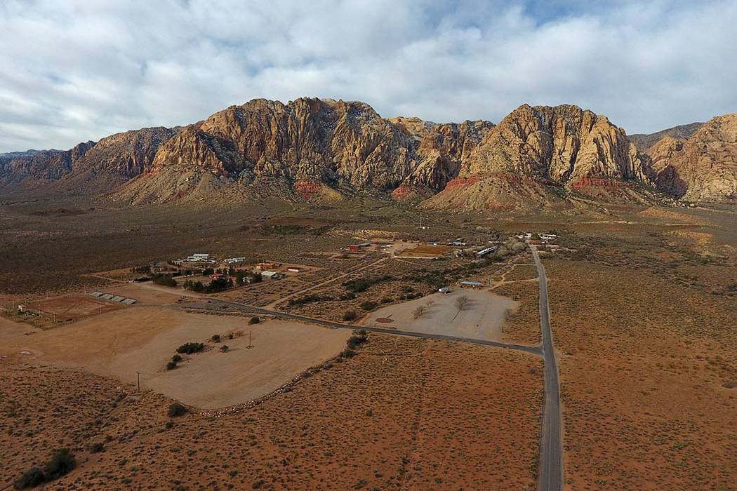 Aerial view of Bonnie Springs Ranch on Wednesday, Feb.20, 2019, where the Clark County Planning Commission has approved a plan to build 20 homes on 64 acres after the property was sold to a develo ...