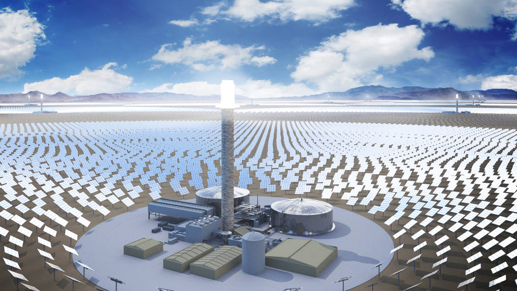 An artist rendering shows SolarReserve's Sandstone project, a $5 billion, 10-tower concentrated solar array the California-based company plans to build in Nevada. (Courtesy of SolarReserve/file)