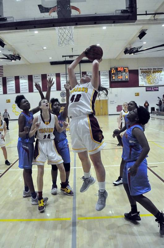 Horace Langford Jr./Pahrump Valley Times Sophomore Kate Daffer goes up for a 2 of her game-high 22 points during a 35-21 win over Western on Feb. 11. Daffer, Pahrump Valley's leading scorer and re ...