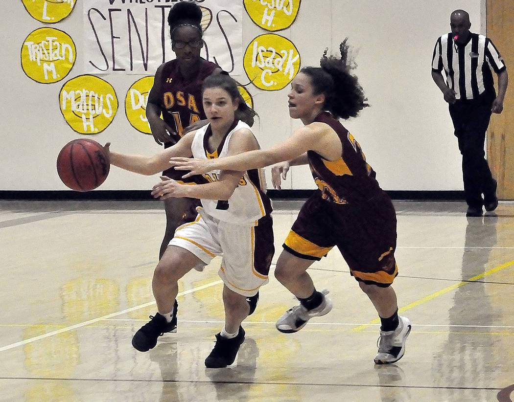 Horace Langford Jr./Pahrump Valley Times Freshman guard Tayla Wombaker brings the ball up the floor for Pahrump Valley during a 57-21 win over Del Sol on Feb. 5. Wombaker was named second-team All ...