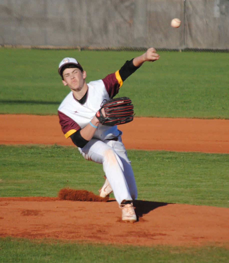 Charlotte Uyeno/Pahrump Valley Times Pahrump Valley pitcher Zack Cuellar struck out seven in four innings, allowing only an unearned run in a 6-1 win over Page, Arizona, on Friday in the Route 66 ...