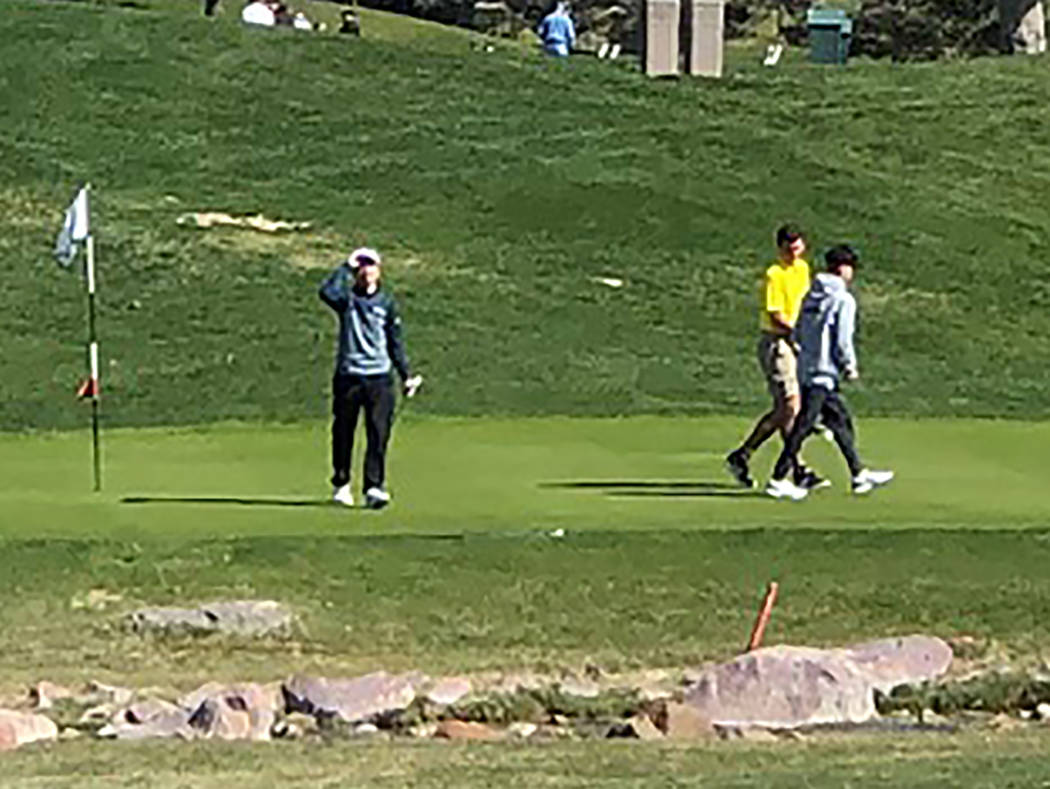 Tom Rysinski/Pahrump Valley Times Pahrump Valley's Garrett Ward, second from right, shaved 9 strokes off of his first day score during the second round of the Pahrump Valley Invitational on Friday ...
