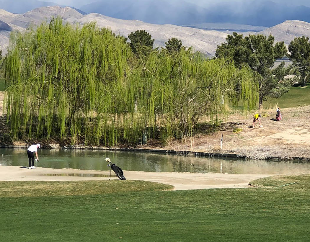 Tom Rysinski/Pahrump Valley Times ian Kingsley, upper right, of Pahrump Valley and his playing partners are all in less-than-ideal situations on No. 9 Friday at Mountain Falls Golf Club during the ...