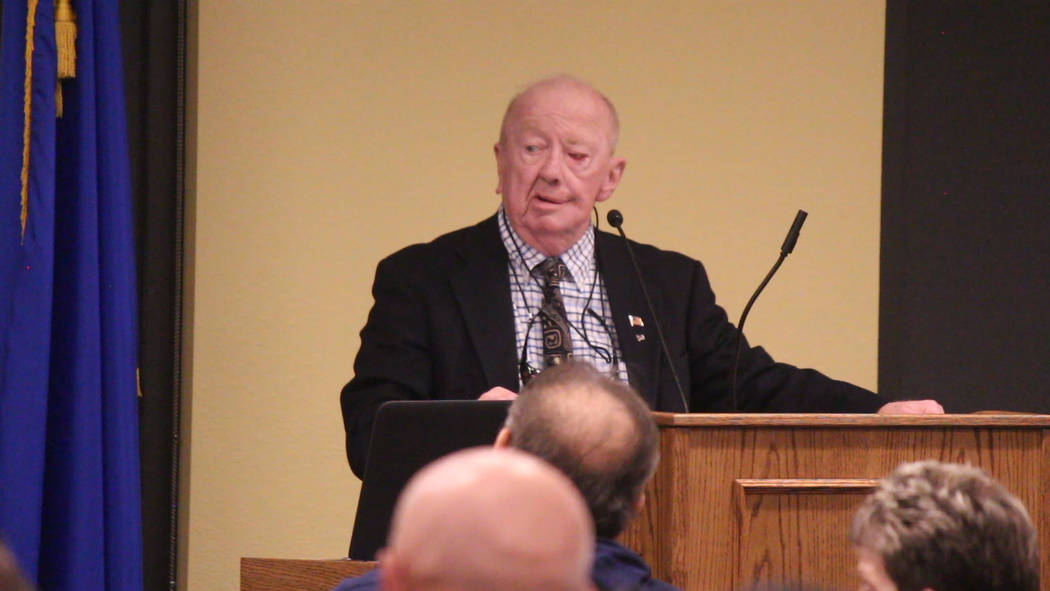 Jeffrey Meehan/Pahrump Valley Times Valley Electric Association's interim chief executive Richard Peck speaks to members during the annual District 1 meeting in Pahrump at Valley's conference cen ...
