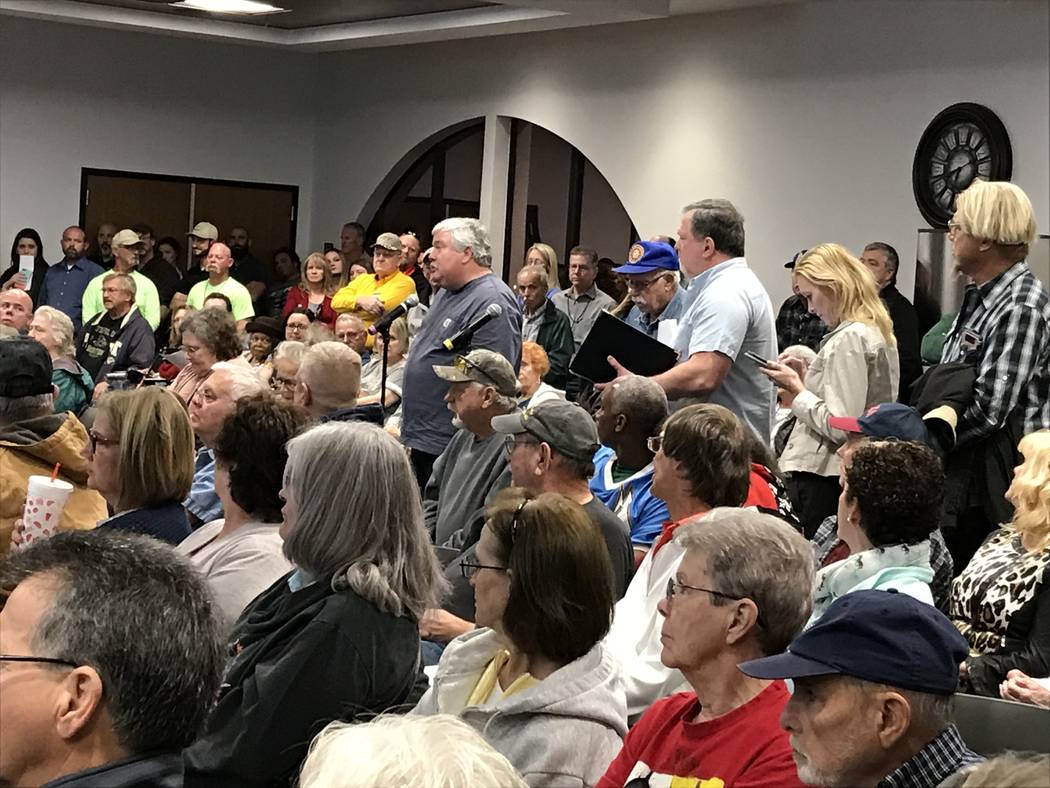 Jeffrey Meehan/Pahrump Valley Times Several member-owners of Valley Electric Association speak at Valley Electric Association's annual District 1 meeting during the public comment period. Many ra ...