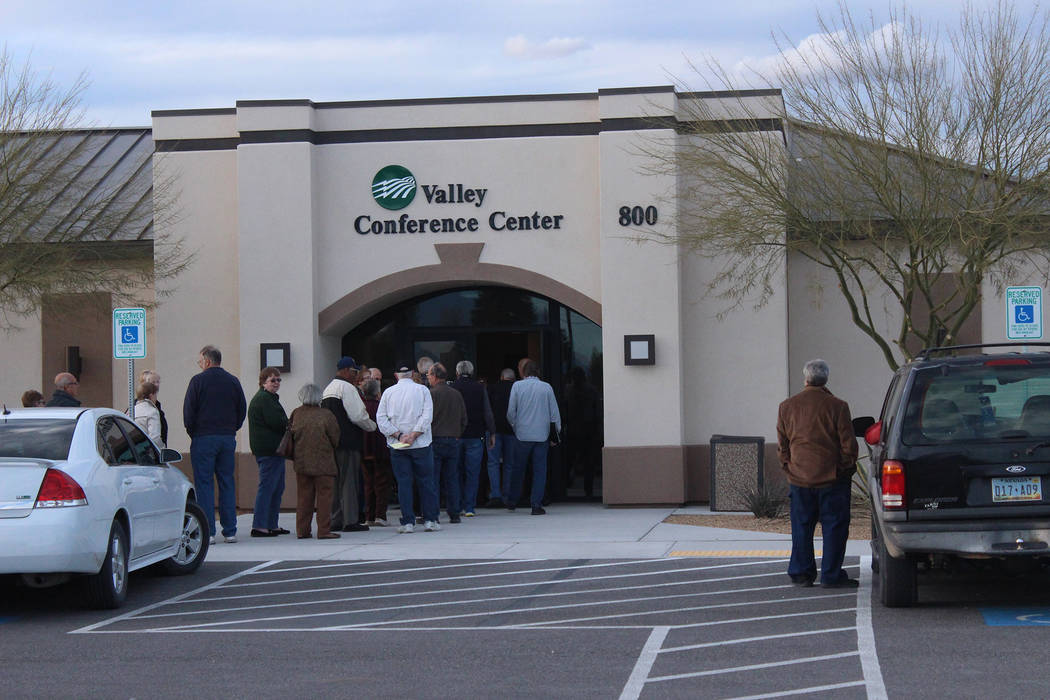 Jeffrey Meehan/Pahrump Valley Times People line up to enter Valley Electric Association's annual District 1 meeting in Pahrump on March 7, 2019. The meeting occurred at Valley's conference center.