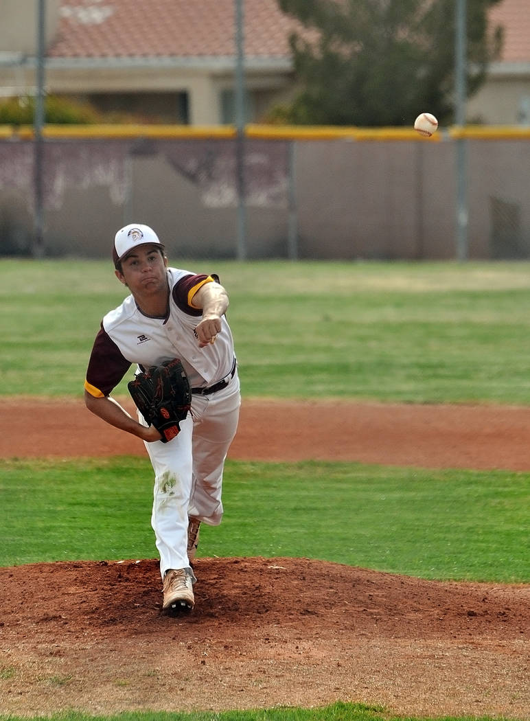 Horace Langford Jr./Pahrump Valley Times Pahrump Valley senior starter Dylan Grossell delivers against Boulder City on Monday in Pahrump. Grossell pitched into the fourth inning of the Trojans' 6- ...