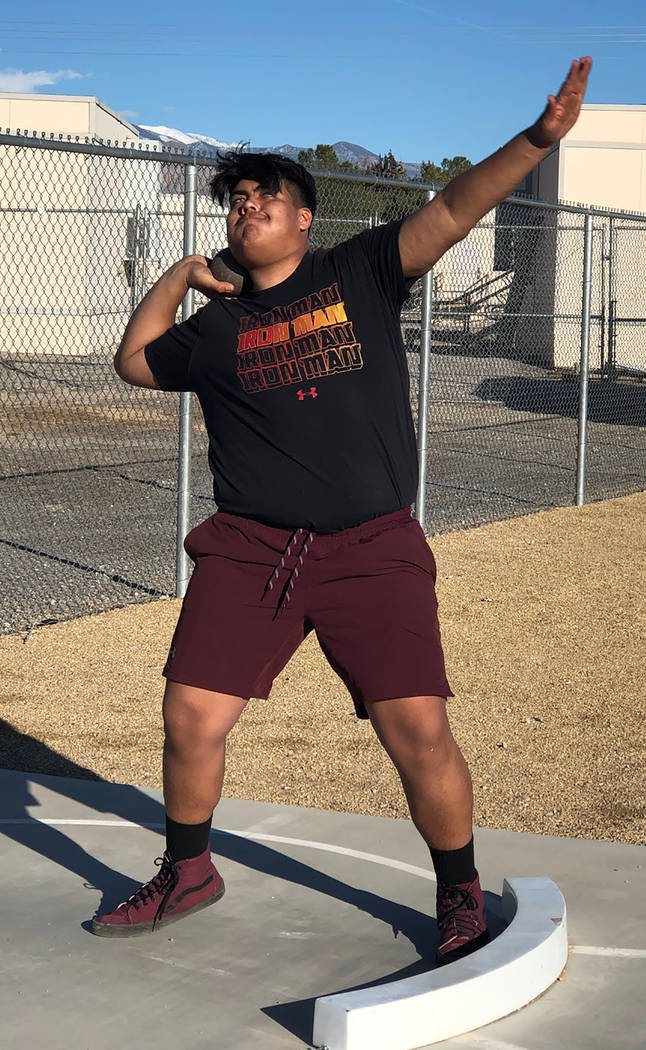 Tom Rysinski/Pahrump Valley Times Pahrump Valley junior Armani McGhee's throw of 36 feet, 11 inches in the shot put Tuesday at a weekday meet at Chaparral High School in Las Vegas was enough to qu ...