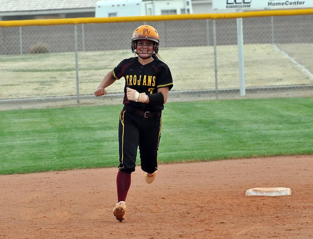 Horace Langford Jr./Pahrump Valley Times Pahrump Valley sophomore Ally Rily rounds the bases after belting a 3-run go-ahead home run during the fifth inning Monday against Boulder City.