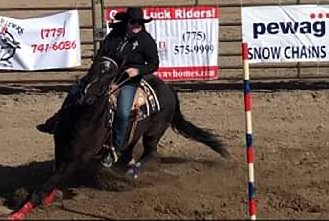 Special to the Pahrump Valley Times Pahrump Valley senior Kyrstyn Peugh competes in pole bending at a rodeo March 9 hosted by Fernley High School .