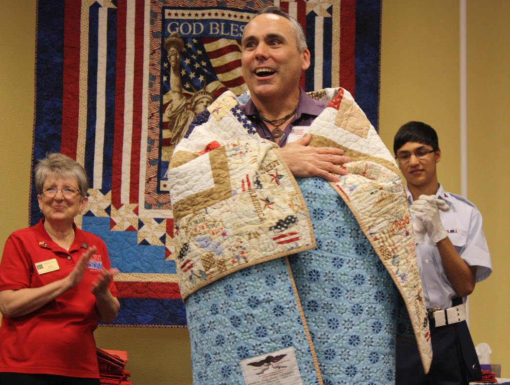 Robin Hebrock/Pahrump Valley Times Jack Thomas of the U.S. Marine Corps shown wrapped in his Quilt of Valor.