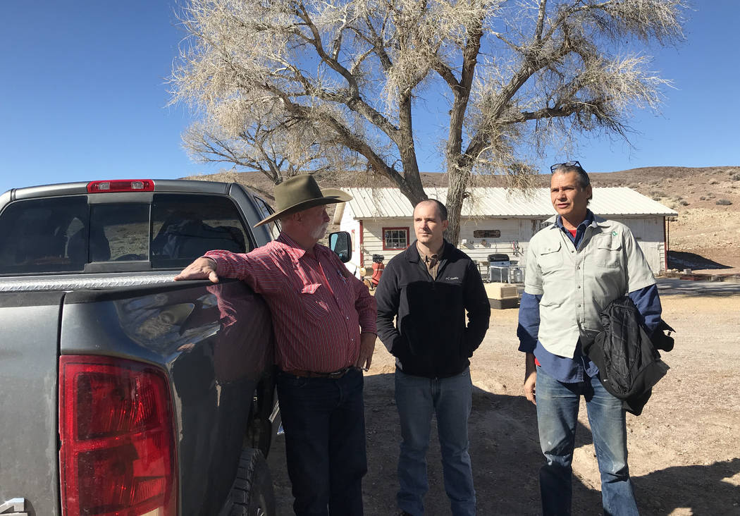Rancher Hank Brackenbury, left, chats with John Zablocki, center, and Len Warren from The Nature Conservancy at the 7J Ranch on Feb. 8, 2019. Henry Brean Las Vegas Review-Journal