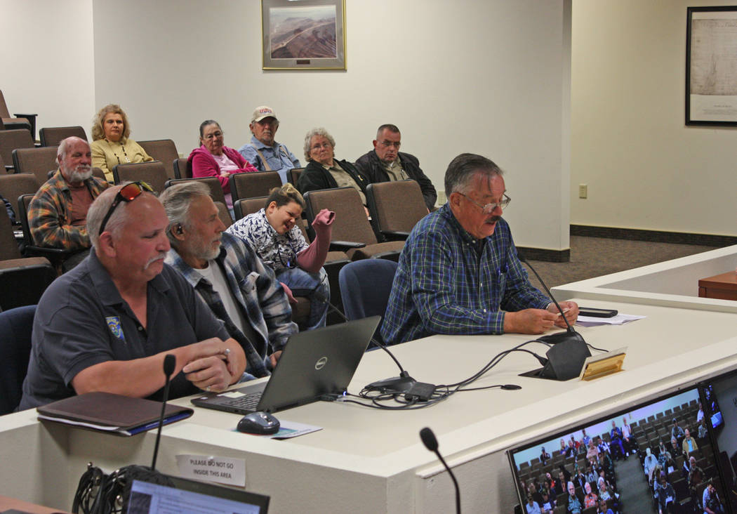Robin Hebrock/Pahrump Valley Times Shown from left to right are Nye County residents Brian Shoemake, Frank Carbone and Robert Thomas III, all of whom spoke in favor of a resolution outlining oppos ...