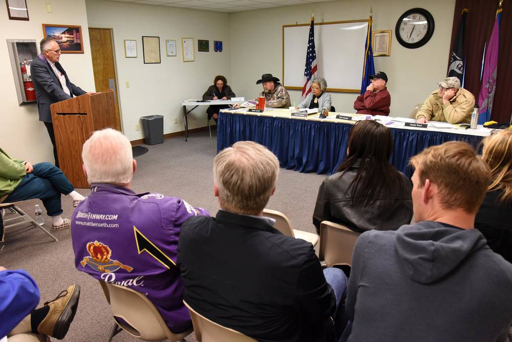 Richard Stephens / Special to the Pahrump Valley Times First Person Care Clinic Director of Business Affairs John Williams addresses the Beatty Town Advisory Board March 11. The non-profit organiz ...