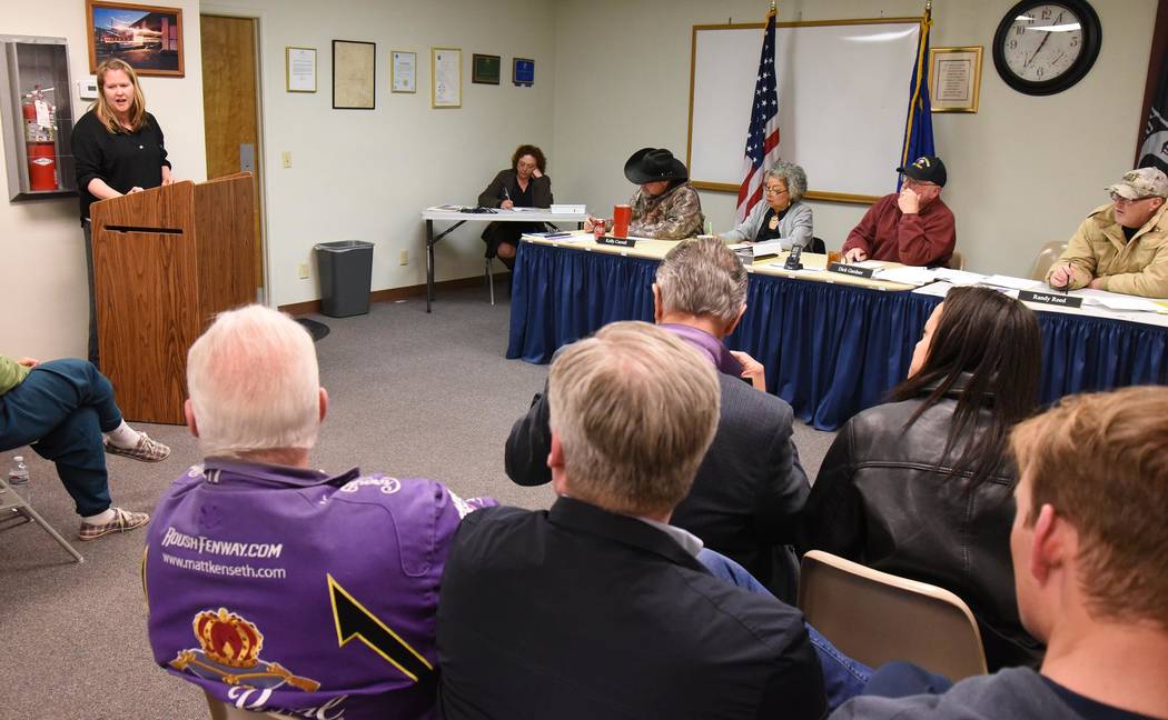 Richard Stephens / Special to the Pahrump Valley Times Joni Stumpf from Rainbow Helping Hands addresses the Beatty Town Advisory Board March 11. She stated that they will be bringing drug, alcohol ...