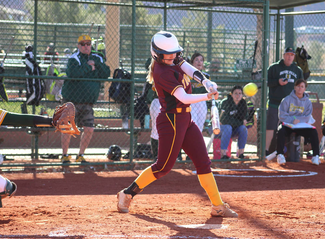 Special to the Pahrump Valley Times Pahrump Valley senior Jackie Stobbe connects for a 2-run home run Friday during a 16-6 victory over Bonneville, Idaho, in St. George, Utah.