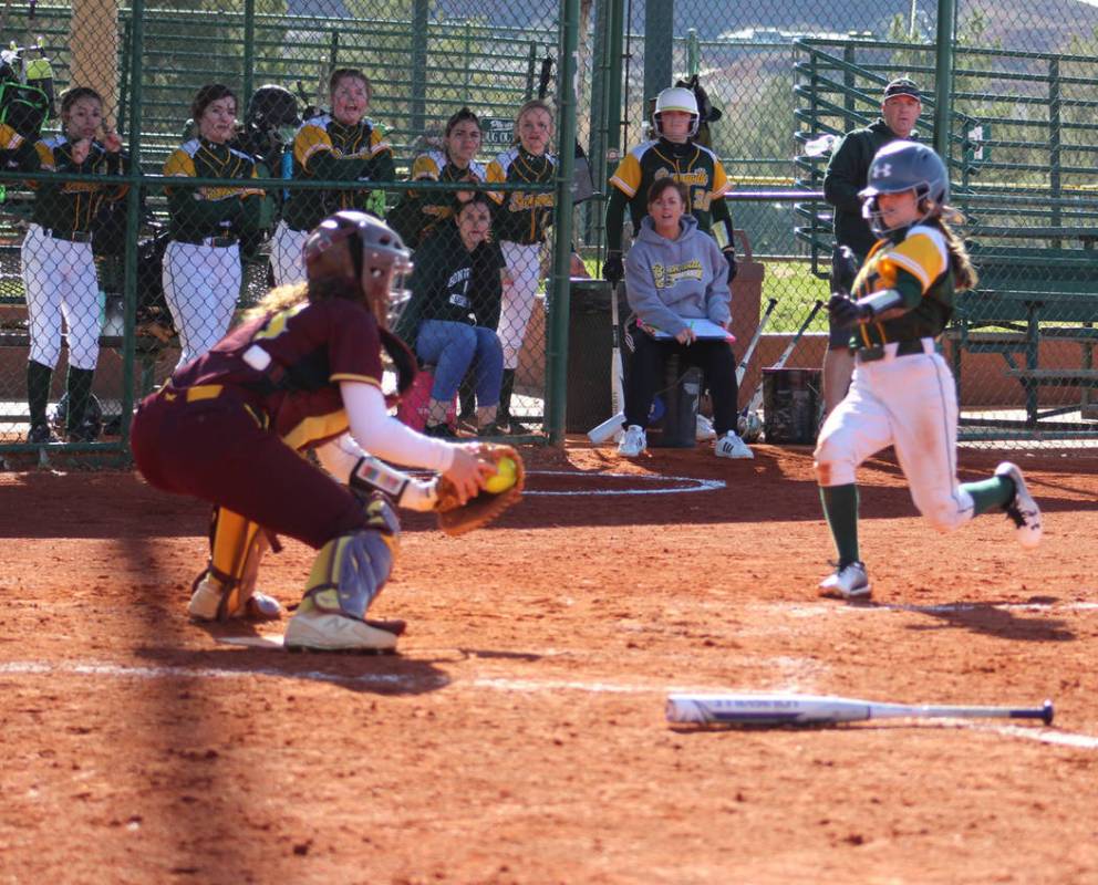 Special to the Pahrump Valley Times Junior catcher McKayla Bartley prepares to make the tag on a Bonneville, Idaho, runner trying to score Friday during Pahrump Valley's victory over the Bees in S ...