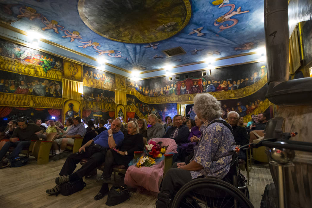 A seat in the front row is left in honor of Marta Becket before the season-opening performance at the Amargosa Opera House in Death Valley Junction, Calif. on Friday, Oct. 20, 2017. Chase Stevens ...