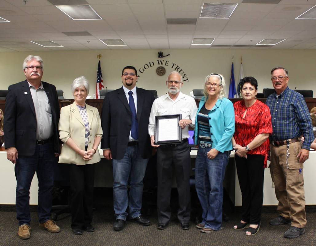 Robin Hebrock/Pahrump Valley Times From left to right are Nye County Republican Central Committee Chairman Joe Burdzinski, Nye County Commissioners Lorinda Wichman, Leo Blundo, John Koenig, Debra ...