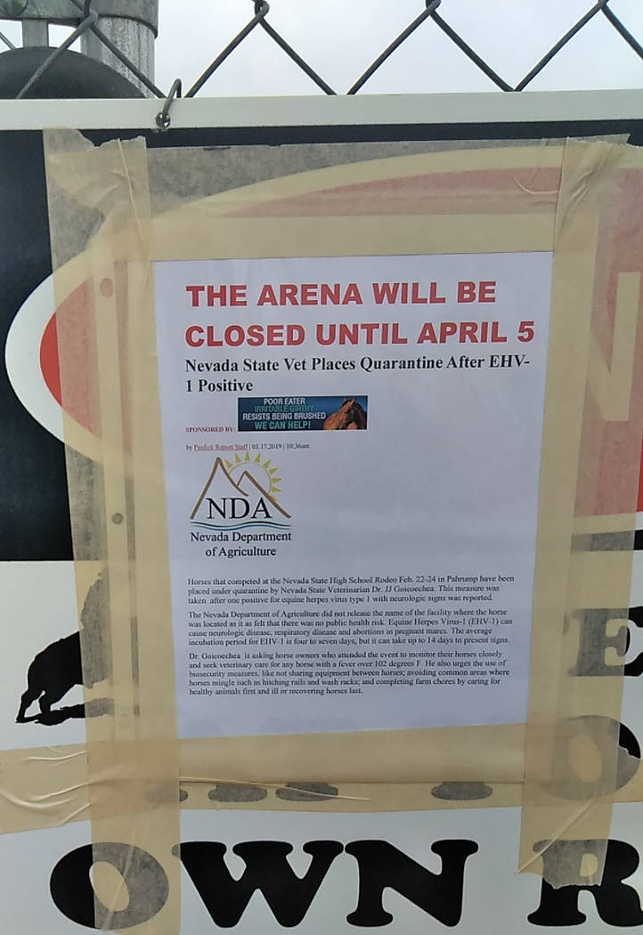 Selwyn Harris/Pahrump Valley Times McCullough Arena at Basin Avenue and Whitney Lane will remain closed for two weeks due to the equine virus outbreak, prompting State Veterinarian Dr. JJ Goicoech ...
