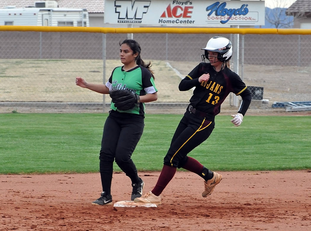 Horace Langford Jr./Pahrump Valley Times Senior Jackie Stobbe pulls into second base during Pahrump Valley's 17-2 softball victory over Virgin Valley on Wednesday at Floyd Field.