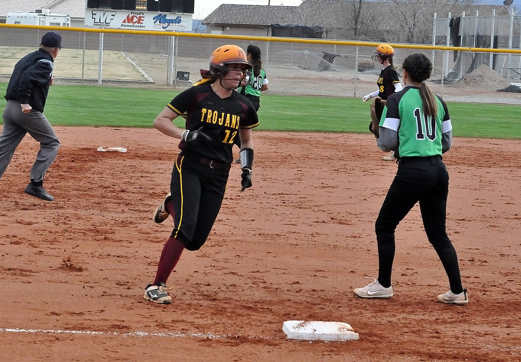 Horace Langford Jr./Pahrump Valley Times Pahrump Valley junior Kaden Cable rounds third and heads for home for one of the 17 runs the Trojans scored in their home victory over Virgin Valley on Wed ...