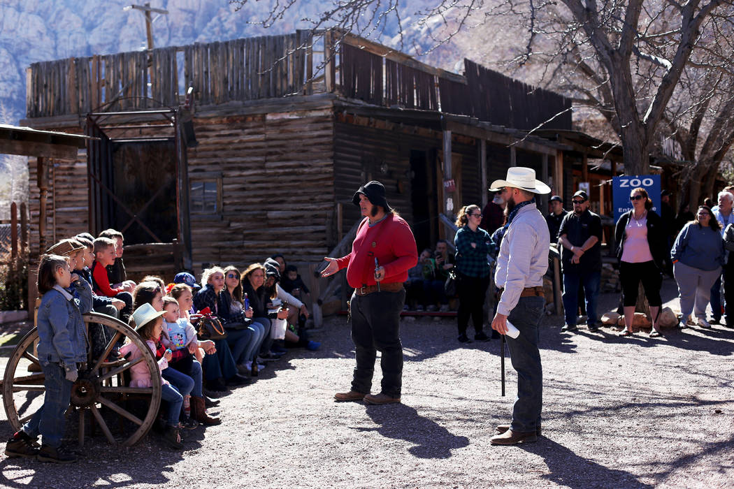 Actors address the crowd before a performance at Bonnie Springs in Blue Diamond, Friday, March 15, 2019. After decades of operation, the closing day of Bonnie Springs is Sunday, March 17. (Rachel ...