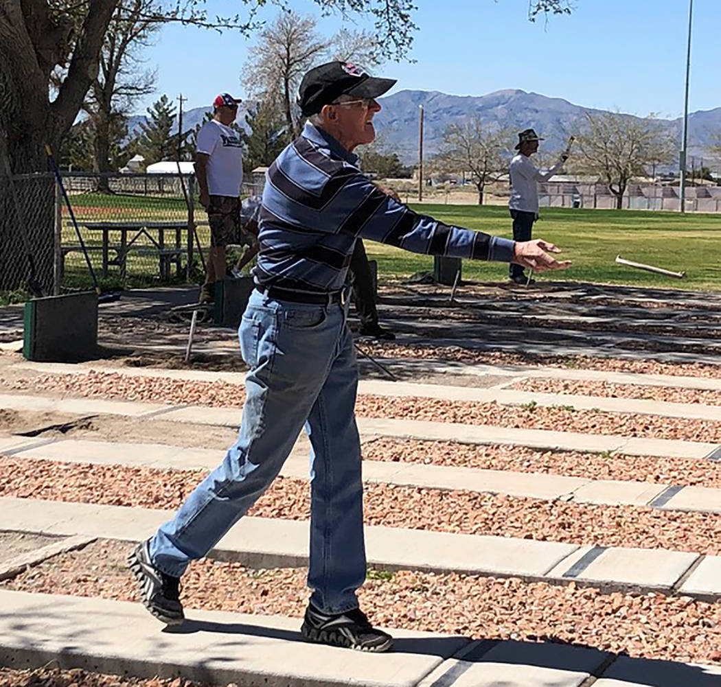 Tom Rysinski/Pahrump Valley Times Fred Kennedy, 90, of Las Vegas won two games, tied two games and lost once at the Pahrump Spring Open, his first sanctioned horseshoes tournament.