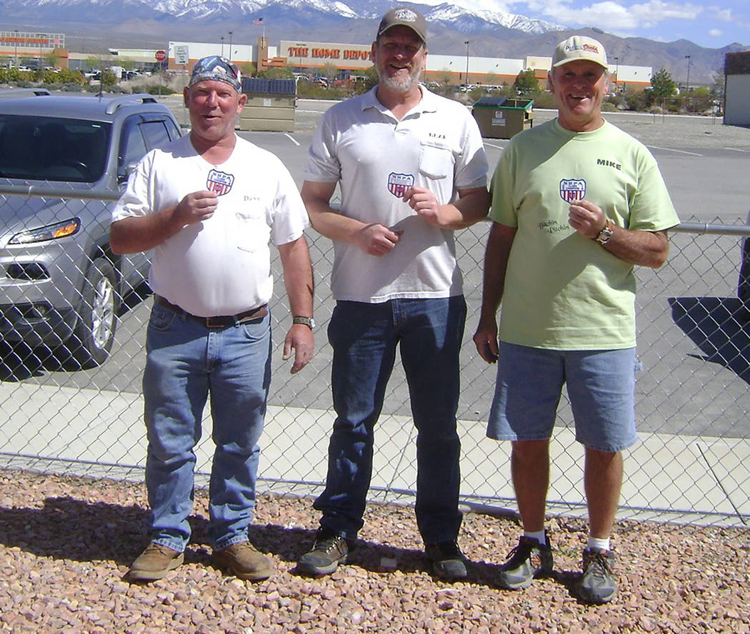 Mike Norton/Special to Pahrump Valley Times Class B champion Dave Barefield, tournament champion Neal Schulte and Class C champion Mike Nicosia after the Pahrump Spring Open horseshoes tournament ...